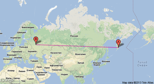 для сравнения - длина маршрута до Москвы. а капелька &quot;А&quot; закрыла всю Камчатку.